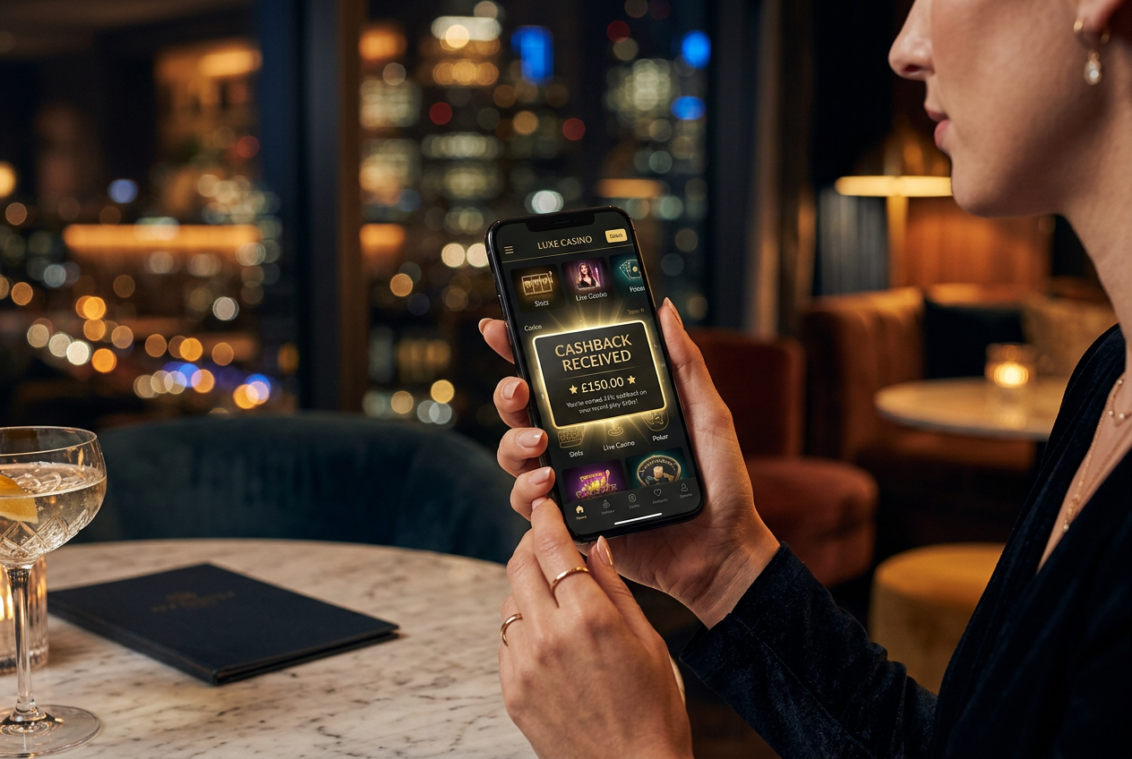 A smartphone screen showing a casino cashback notification in a luxury setting.